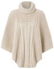 Chunky Cable Knit Poncho, Natural, large