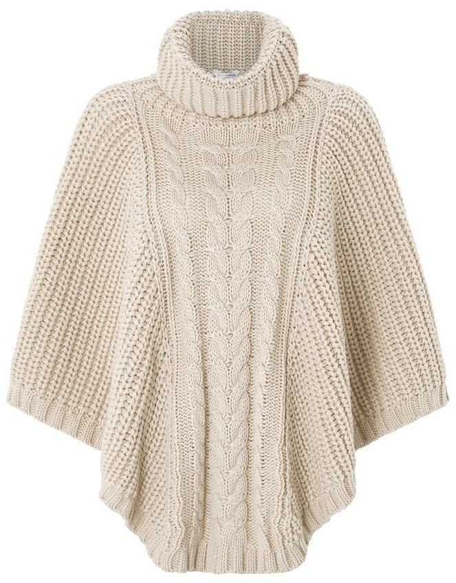 Chunky Cable Knit Poncho, Natural, large