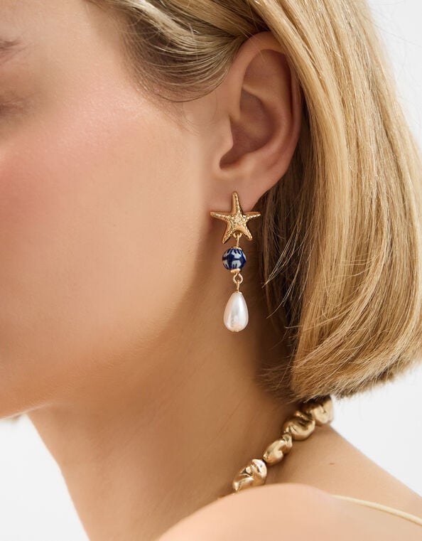 Starfish Pearl Drop Earrings, , large