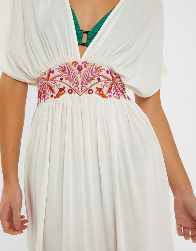 Palm Embroidered Fringe Kaftan Dress, Ivory (IVORY), large