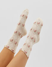 Argyle Embroidered Rose Socks, , large