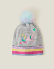 Girls Unicorn Pom Beanie Hat, Grey (GREY), large