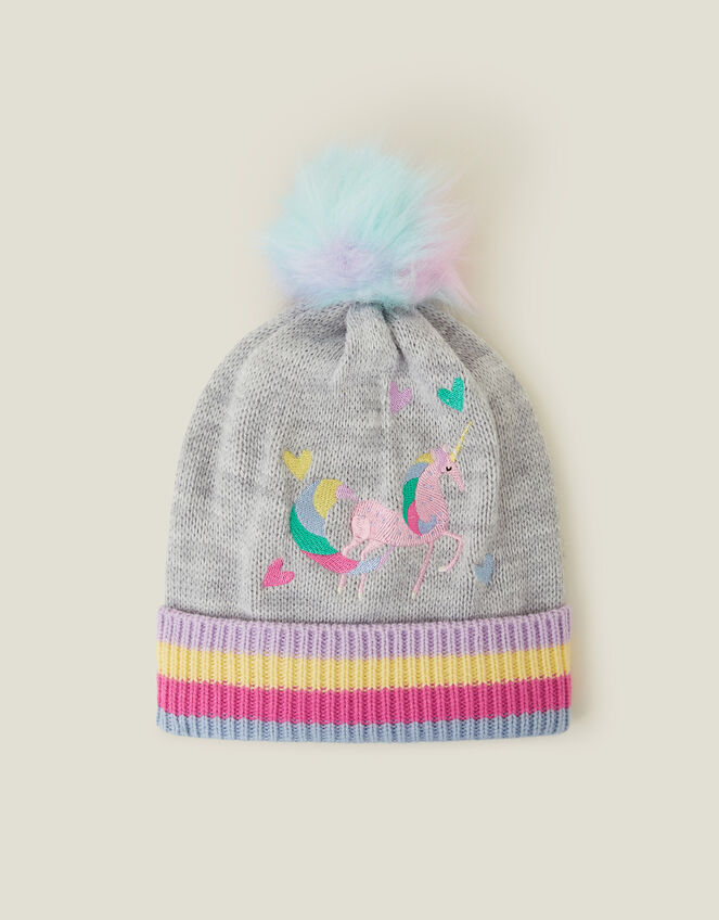Girls Unicorn Pom Beanie Hat, Grey (GREY), large