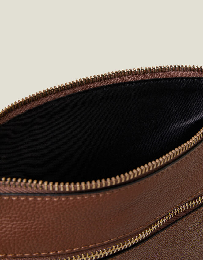 Zip Detail Leather Cross-Body Bag, Tan (TAN), large