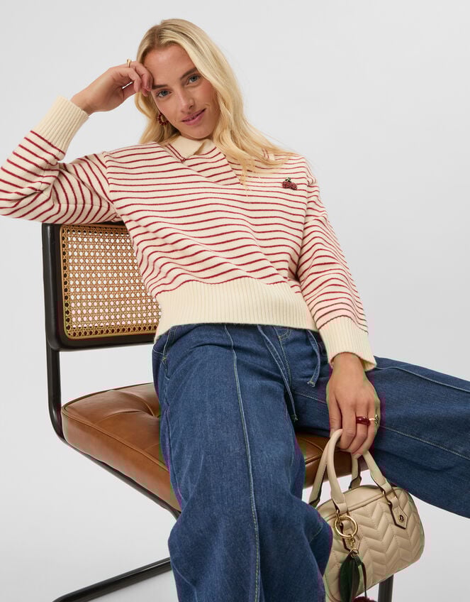 Cherry Stripe Polo Neck Jumper, Cream (CREAM), large