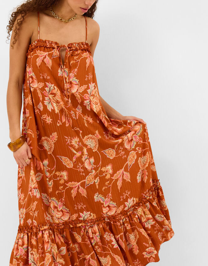 Sleeveless Floral Shimmer Maxi Dress, Orange (RUST), large
