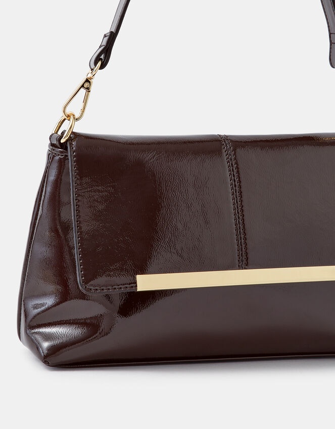 Fold Over Patent Faux Leather Shoulder Bag, , large