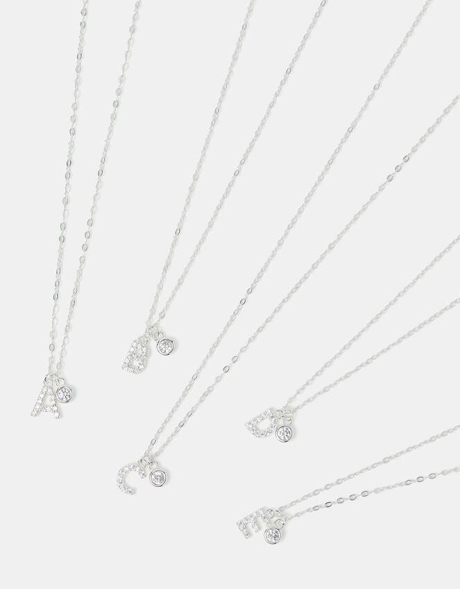 Sterling Silver Diamanté Initial Pendant Necklace, Silver (ST SILVER), large