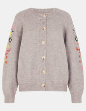Floral Embroidered Sleeve Cardigan, Grey (GREY), large