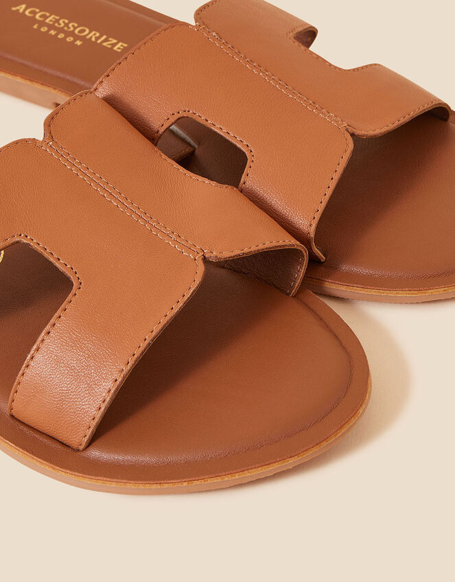 Wide Fit Cut-Out Leather Sliders, Tan (TAN), large