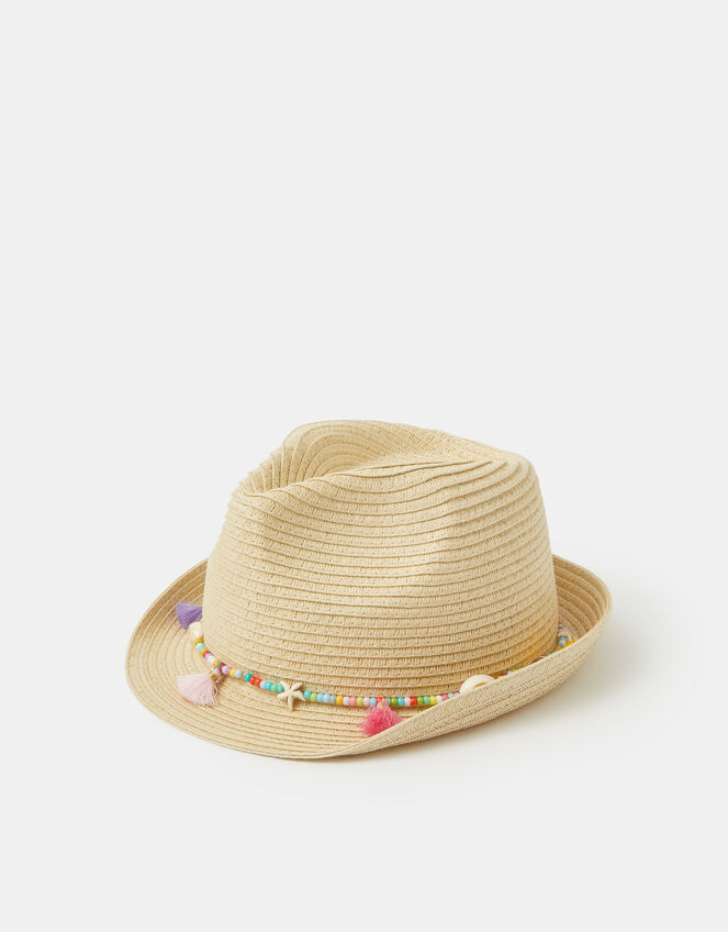 Girls Beaded Trim Straw Hat, Natural (NATURAL), large