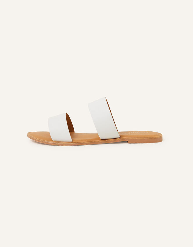 Two Strap Leather Wide Fit Sliders , White (WHITE), large