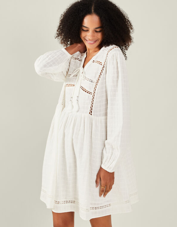 Lace Insert Long Sleeve Mini Dress, White (WHITE), large