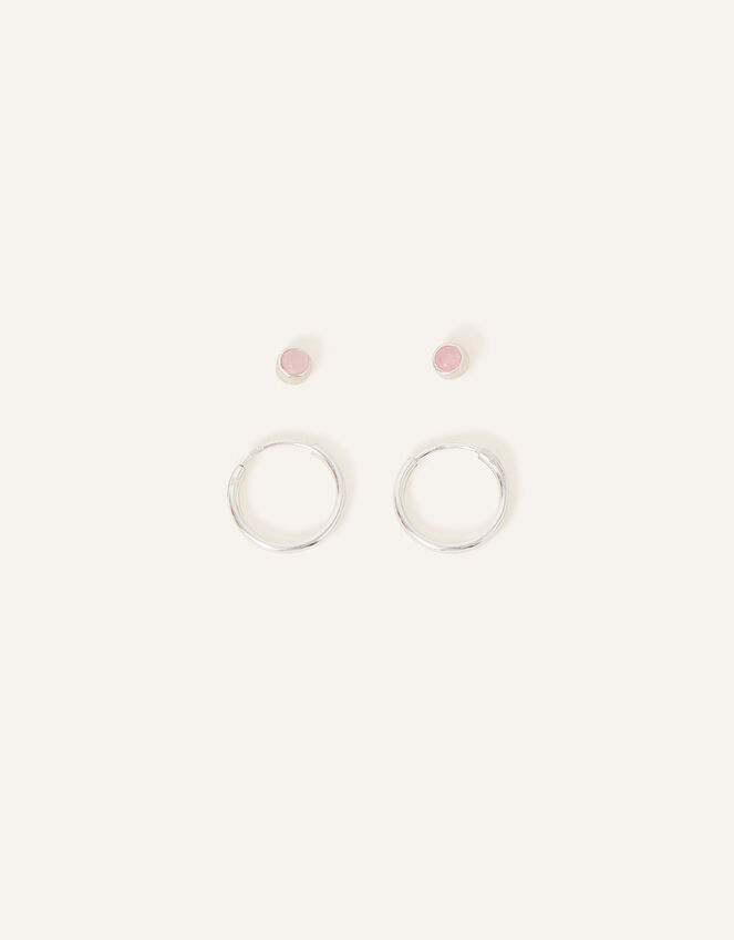 Sterling Silver Rose Quartz Stud and Hoops Set of Two, , large