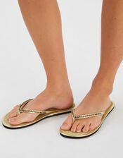 Beaded Palm Seagrass Flip Flops, Gold (GOLD), large