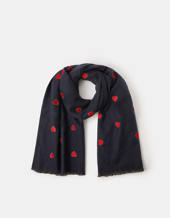 Heart Embroidered Blanket Scarf, Blue (NAVY), large