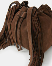 Suede Fringe Bucket Bag, , large