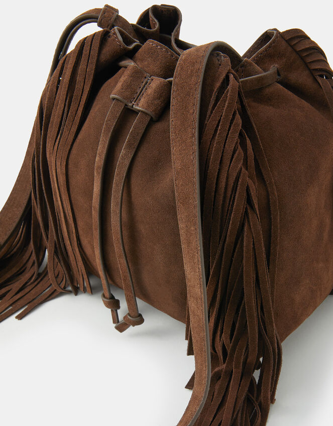 Suede Fringe Bucket Bag, , large