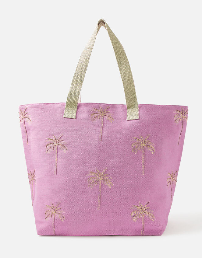 Paradise Palm Print Embroidered Tote Bag, Pink (PINK), large