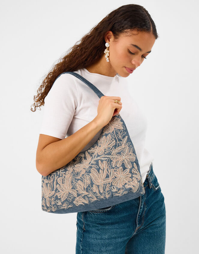 Embroidered Denim Shoulder Bag, , large