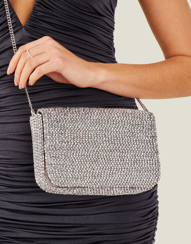 Fold Over Beaded Clutch Bag, Silver (SILVER), large