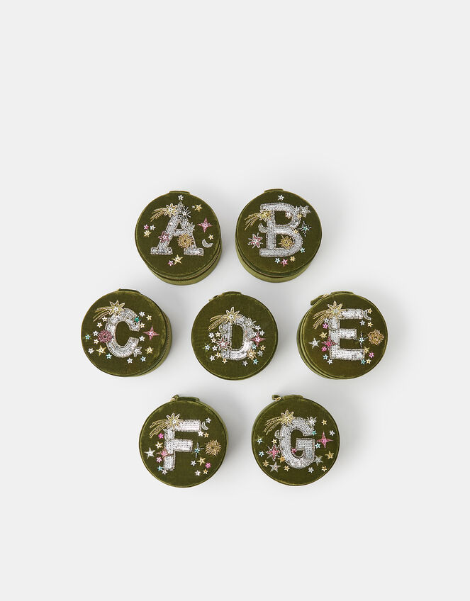 Round Initial Velvet Jewellery Box, Green (OLIVE), large