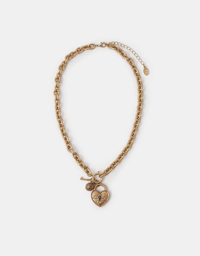 Chunky Heart Padlock Charm Necklace, , large