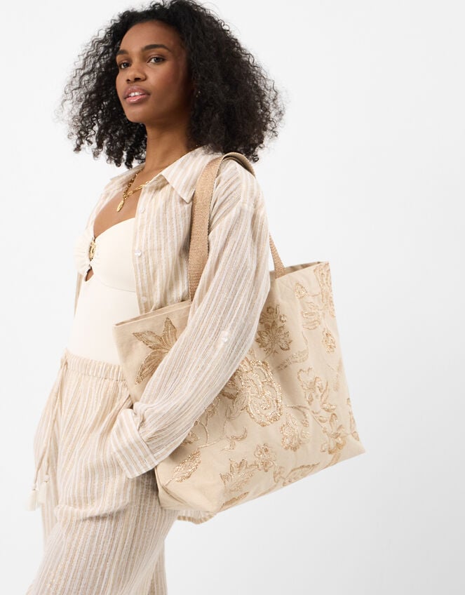 Embroidered Metallic Shopper Bag, , large