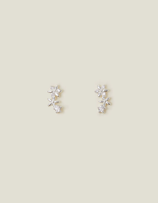 Sterling Silver-Plated Sparkle Flower Climber Earrings, , large