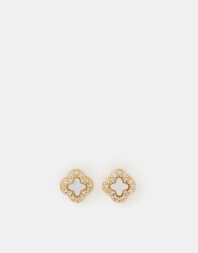 14ct Gold-Plated Mother of Pearl Clover Stud Earrings, , large