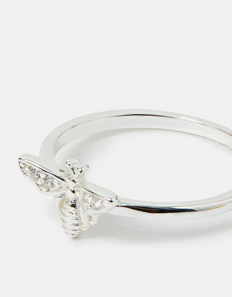 Sterling Silver-Plated Diamante Bee Ring, Silver (ST SILVER), large