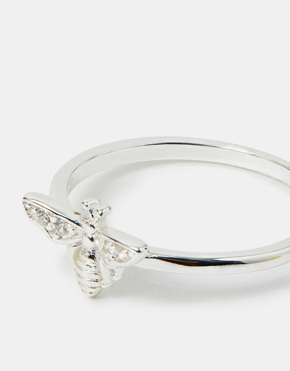 Sterling Silver-Plated Diamante Bee Ring, Silver (ST SILVER), large