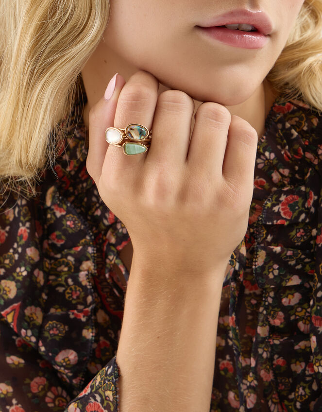 3-Pack Mixed Stone & Pearl Rings, Green (GREEN), large