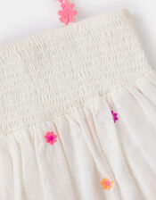 Girls Floral Embroidered Smocked Dress, White (WHITE), large