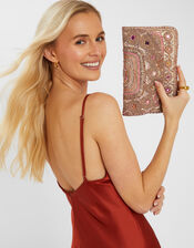 Bead Mirror Embellished Clutch Bag, , large