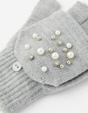 Pearl and Crystal Capped Knit Gloves, Grey (GREY), large