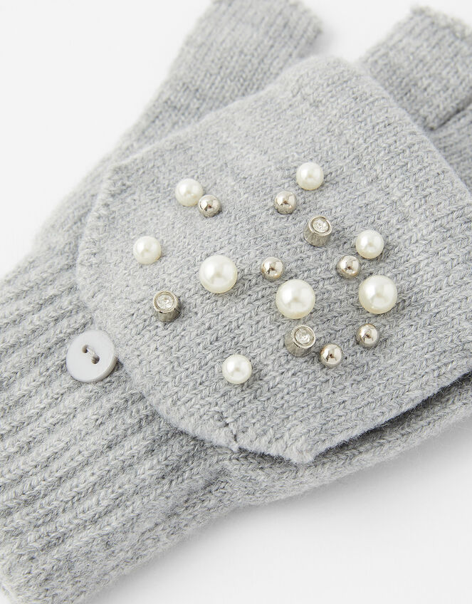 Pearl and Crystal Capped Knit Gloves, Grey (GREY), large