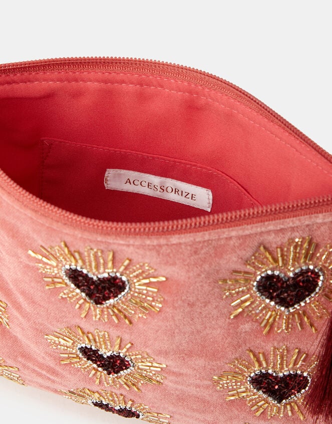 Large Heart Embellished Velvet Pouch, , large