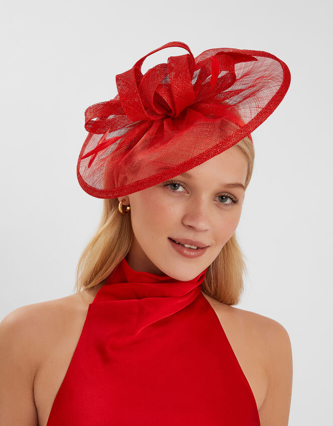 Woven Bow Feather Disc Fascinator, Red (RED), large