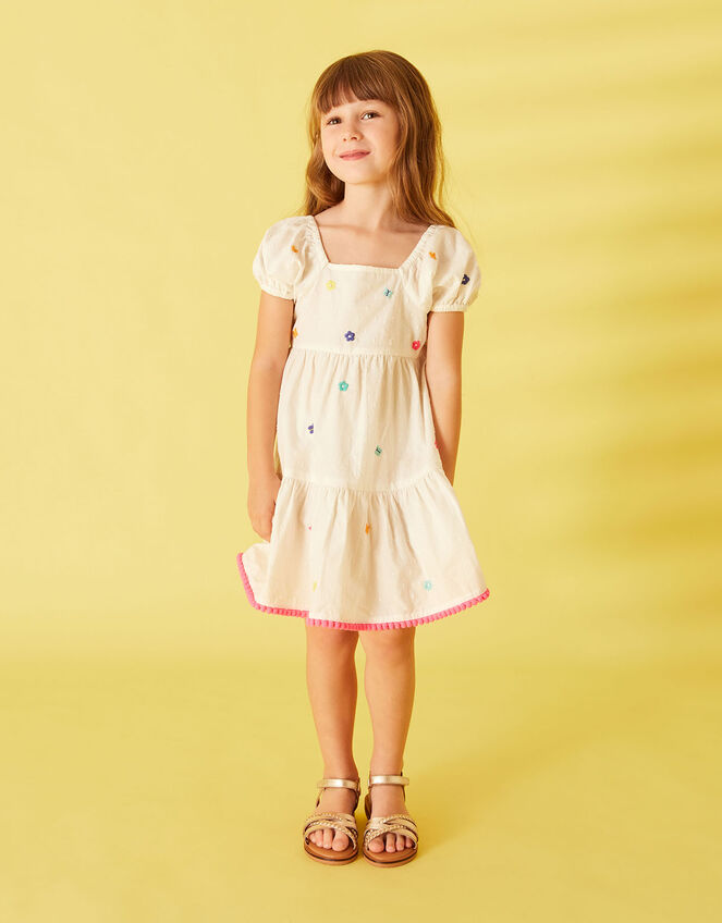 Girls Flower Embroidered Dress, White (WHITE), large