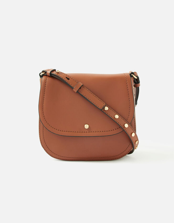 Studded Strap Leather Cross-Body Bag, Tan (TAN), large