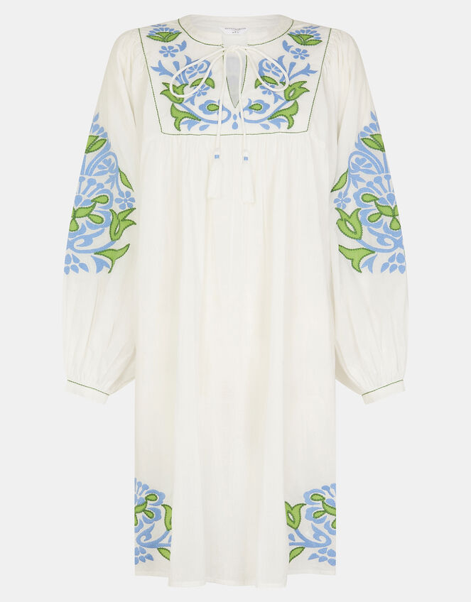 Embroidered Long Sleeve Smock Dress, White (WHITE), large