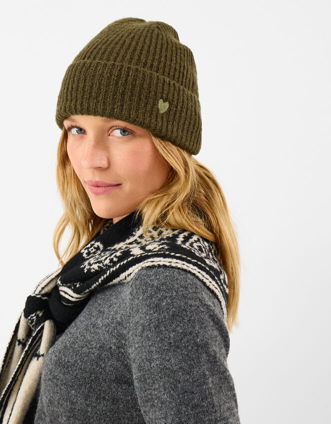 Heart Embroidered Beanie Hat, Green (OLIVE), large