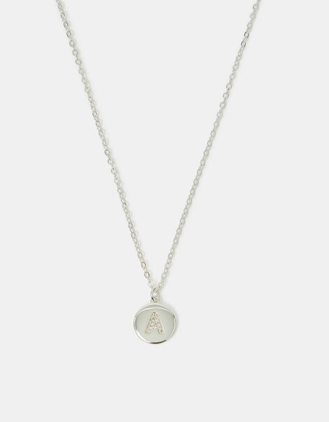 Sterling Silver-Plated Diamante Initial Round Pendant Necklace, Silver (ST SILVER), large