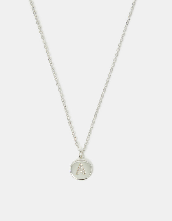 Sterling Silver-Plated Diamante Initial Round Pendant Necklace, Silver (ST SILVER), large