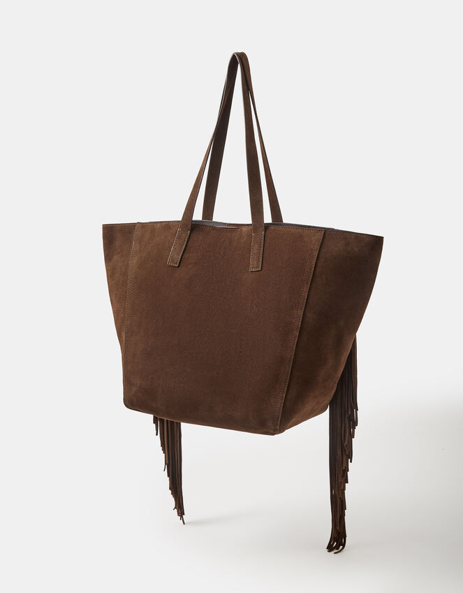 Embroidered Fringe Suede Tote Bag, , large