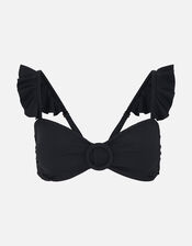 Frill Shoulder Ruched Bandeau Bikini, Black (BLACK), large