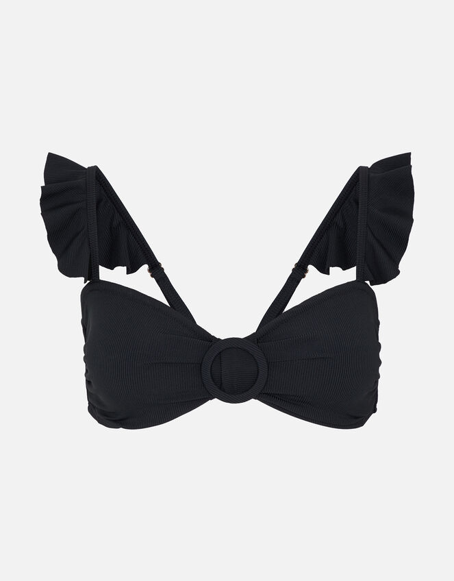 Frill Shoulder Ruched Bandeau Bikini, Black (BLACK), large