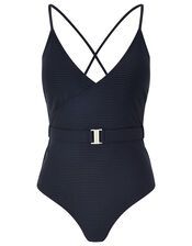 Cross-Back Belted Swimsuit, Black (BLACK), large