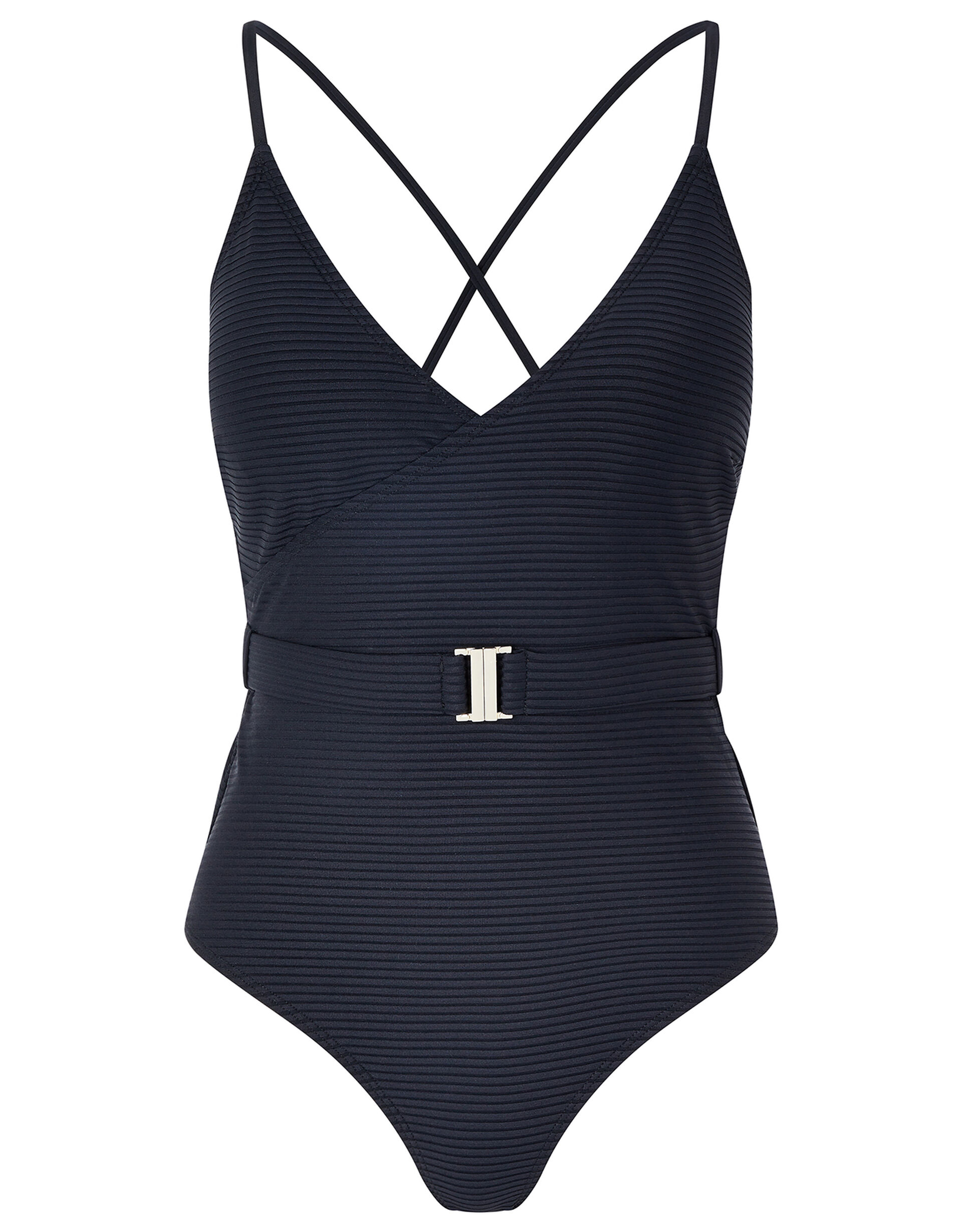Cross-Back Belted Swimsuit, Black (BLACK), large